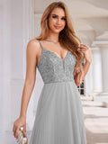 V-Neck A-Line Pleated Sleeveless Backless Formal Evening Dress with Sequins