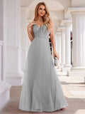 V-Neck A-Line Pleated Sleeveless Backless Formal Evening Dress with Sequins