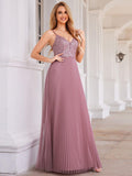 V-Neck A-Line Pleated Sleeveless Backless Formal Evening Dress with Sequins