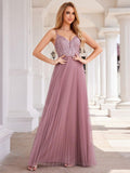 V-Neck A-Line Pleated Sleeveless Backless Formal Evening Dress with Sequins