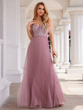 V-Neck A-Line Pleated Sleeveless Backless Formal Evening Dress with Sequins