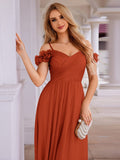 Sparkling A-Line V-Neck Floral Cold-Shoulder Pleated Evening Dress