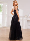 Spaghetti Strap Sequin A-Line See-Through Sparkly Formal Evening Dress