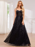Spaghetti Strap Sequin A-Line See-Through Sparkly Formal Evening Dress