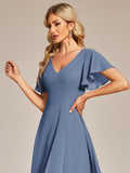 A-Line V-Neck Chiffon Ruffles Short Sleeves Bridesmaid Dress