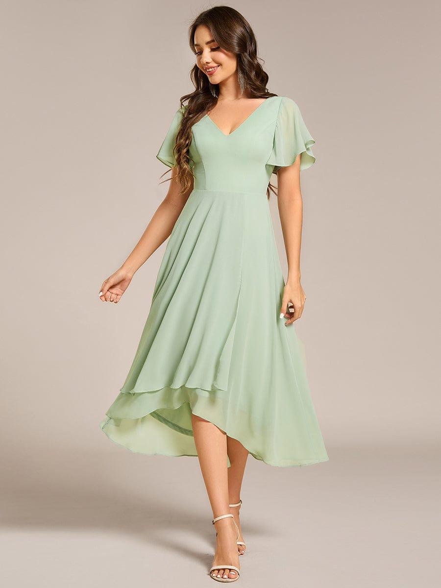 A-Line V-Neck Chiffon Ruffles Short Sleeves Bridesmaid Dress