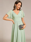 A-Line V-Neck Chiffon Ruffles Short Sleeves Bridesmaid Dress