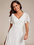 A-Line V-Neck Chiffon Ruffles Short Sleeves Bridesmaid Dress