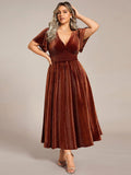 Plus Size A-line V-Neck Pleated Velvet Wedding Guest Dress with Short Sleeve