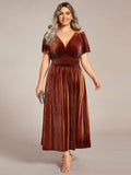 V-Neck A-Line Empire-Waist Short Sleeves Pleated Velvet Bridesmaid Dress