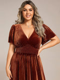 Plus Size A-line V-Neck Pleated Velvet Wedding Guest Dress with Short Sleeve