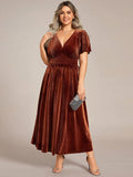 Plus Size A-line V-Neck Pleated Velvet Wedding Guest Dress with Short Sleeve