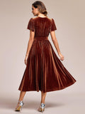 Graceful A-Line V-Neck Empire-Waist Velvet Wedding Guest Dress with Short Sleeves