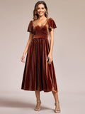 Graceful A-Line V-Neck Empire-Waist Velvet Wedding Guest Dress with Short Sleeves