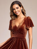 V-Neck A-Line Empire-Waist Short Sleeves Pleated Velvet Bridesmaid Dress