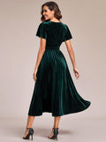 Graceful A-Line V-Neck Empire-Waist Velvet Wedding Guest Dress with Short Sleeves