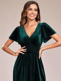 Graceful A-Line V-Neck Empire-Waist Velvet Wedding Guest Dress with Short Sleeves