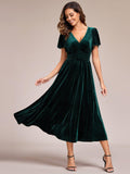 Graceful A-Line V-Neck Empire-Waist Velvet Wedding Guest Dress with Short Sleeves