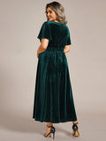 V-Neck A-Line Empire-Waist Short Sleeves Pleated Velvet Bridesmaid Dress