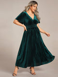 Plus Size A-line V-Neck Pleated Velvet Wedding Guest Dress with Short Sleeve