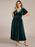 V-Neck A-Line Empire-Waist Short Sleeves Pleated Velvet Bridesmaid Dress