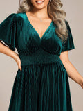 Plus Size A-line V-Neck Pleated Velvet Wedding Guest Dress with Short Sleeve