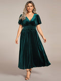 Plus Size A-line V-Neck Pleated Velvet Wedding Guest Dress with Short Sleeve