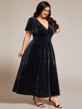 Plus Size A-line V-Neck Pleated Velvet Wedding Guest Dress with Short Sleeve