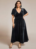 Plus Size A-line V-Neck Pleated Velvet Wedding Guest Dress with Short Sleeve