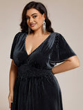 Plus Size A-line V-Neck Pleated Velvet Wedding Guest Dress with Short Sleeve