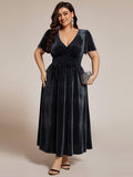 Plus Size A-line V-Neck Pleated Velvet Wedding Guest Dress with Short Sleeve