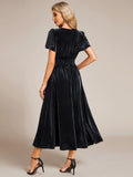 V-Neck A-Line Empire-Waist Short Sleeves Pleated Velvet Bridesmaid Dress