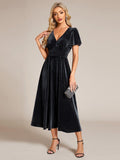 Graceful A-Line V-Neck Empire-Waist Velvet Wedding Guest Dress with Short Sleeves