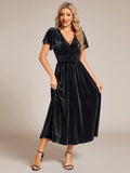 V-Neck A-Line Empire-Waist Short Sleeves Pleated Velvet Bridesmaid Dress