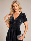 Graceful A-Line V-Neck Empire-Waist Velvet Wedding Guest Dress with Short Sleeves