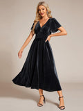 V-Neck A-Line Empire-Waist Short Sleeves Pleated Velvet Bridesmaid Dress