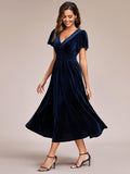 V-Neck A-Line Empire-Waist Short Sleeves Pleated Velvet Bridesmaid Dress