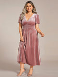 Plus Size A-line V-Neck Pleated Velvet Wedding Guest Dress with Short Sleeve