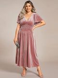 V-Neck A-Line Empire-Waist Short Sleeves Pleated Velvet Bridesmaid Dress