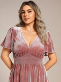 Plus Size A-line V-Neck Pleated Velvet Wedding Guest Dress with Short Sleeve