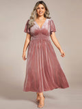 Plus Size A-line V-Neck Pleated Velvet Wedding Guest Dress with Short Sleeve