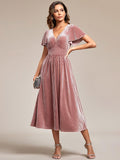 V-Neck A-Line Empire-Waist Short Sleeves Pleated Velvet Bridesmaid Dress