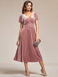 V-Neck A-Line Empire-Waist Short Sleeves Pleated Velvet Bridesmaid Dress