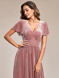 V-Neck A-Line Empire-Waist Short Sleeves Pleated Velvet Bridesmaid Dress