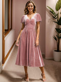 Graceful A-Line V-Neck Empire-Waist Velvet Wedding Guest Dress with Short Sleeves