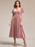V-Neck A-Line Empire-Waist Short Sleeves Pleated Velvet Bridesmaid Dress