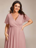 Ruffles V-Neck A-Line Chiffon Wedding Guest Dress with Short Sleeves
