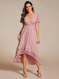 Ruffles V-Neck A-Line Chiffon Wedding Guest Dress with Short Sleeves