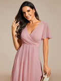 Ruffles V-Neck A-Line Chiffon Wedding Guest Dress with Short Sleeves