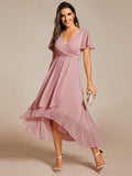 Ruffles V-Neck A-Line Chiffon Wedding Guest Dress with Short Sleeves